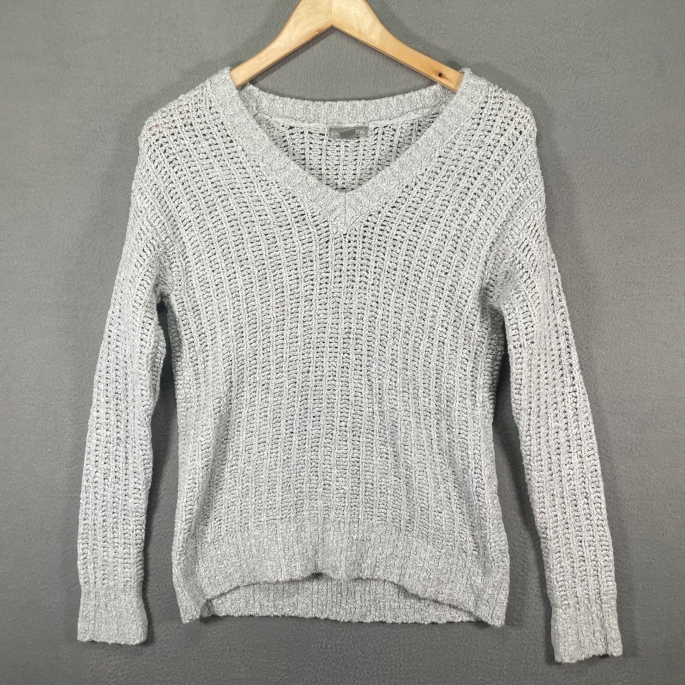 Falls Creek V-Neck Sweater Womens Small Gray Open Knit Ribbed Pullover Excellent